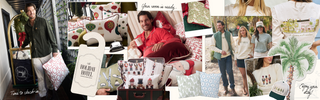 A collage shows people wearing festive, casual clothes and carrying pillows and gifts with holiday-themed designs, embroidered text, and nutcracker prints. Home decor and a “Holiday Hotel” tag are also featured in the cheerful scene.
