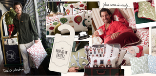 A smiling man carries holiday-themed pillows and sits on a bed with festive pillows. Surrounding him are close-ups of decorative pillows featuring Christmas designs, a door hanger, and a luggage trolley. Text reads, “Your room is ready…” and “Time to check in…”.