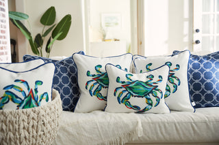 A cozy couch from the Coastal Collection is adorned with decorative pillows, including vibrant King Crab Pillow designs with navy. A knitted throw drapes over the couch, and a potted plant adds a natural touch in the background.