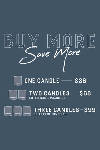 A blue promotional graphic features CANDLE BUNDLES: Buy More, Save More. Prices: 1 candle for $36, 2 candles for $68 with code 2CANDLES, and 3 candles for $99 with code 3CANDLES. Candle icons emphasize savings.
