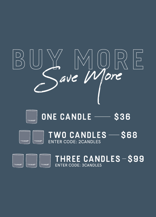 A blue promotional graphic features CANDLE BUNDLES: Buy More, Save More. Prices: 1 candle for $36, 2 candles for $68 with code 2CANDLES, and 3 candles for $99 with code 3CANDLES. Candle icons emphasize savings.