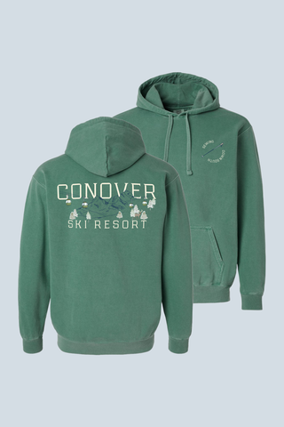 The Conover Ski Resort Hoodie features ski lodge graphics, bold resort text on the back, and a small "Skiing in Illinois" chest logo—capturing winter mountain-town vibes. Shown from the front and back.