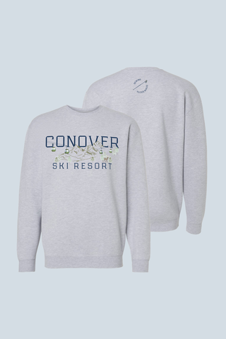The Conover Ski Resort Crewneck Sweatshirt features a light gray color with a mountain and ski lift graphic on the front for mountain-town vibes, plus a small circular logo near the back neckline. Both front and back are shown.