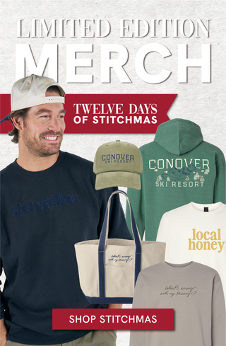 Promotional image for 'Twelve Days of Stitchmas' limited edition merch featuring a man and various branded clothing items.