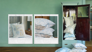 A styled bedroom scene with a mint green wall, a dark wood hutch filled with patterned pillows, and two framed inset photos showing decorative pillows with a seashell collection and coastal botanical/floral print.