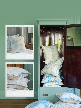 A styled bedroom scene with a mint green wall, a dark wood hutch filled with patterned pillows, and two framed inset photos showing decorative pillows with a seashell collection and coastal botanical/floral print.