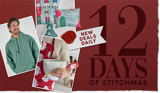 Promotional graphic for '12 Days of Stitchmas' with images of people and sewing-themed products on a red background.