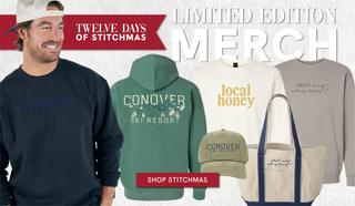 Promotional image for 'Twelve Days of Stitchmas' with limited edition merchandise including sweatshirts, a hoodie, a tote bag, and a cap.