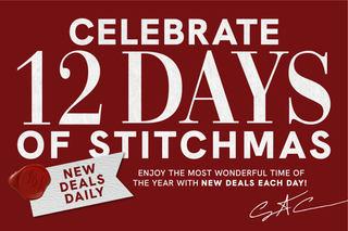Promotional graphic for '12 Days of Stitchmas' with a red background and white text.