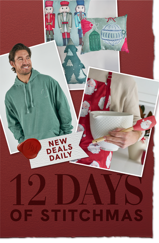 Promotional poster for '12 Days of Stitchmas' with a man wearing a green hoodie, decorative cushions, and gift-wrapping activities.