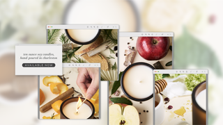 Promotional image of candles with text overlay on a blurred background