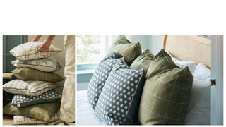 Pile of various Sage Core pillows with a bedroom scene.