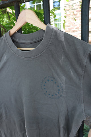 The gray One Nation Tee features a blue circular design with "AMERICAN MADE SEWING DOWN SOUTH" text and is shown outdoors hanging on a wooden hanger near leafy plants and a black metal fence.