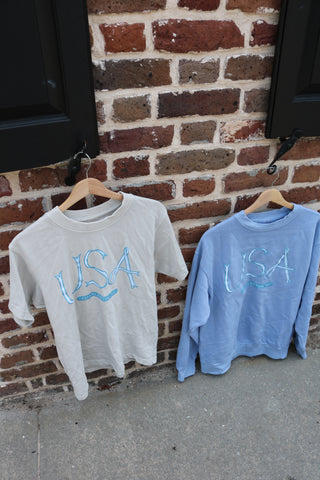 Two USA Ribbon Tees hang on a brick wall: a short-sleeved beige and a long-sleeved blue, both from our Americana Capsule Collection, featuring a light blue wave design.