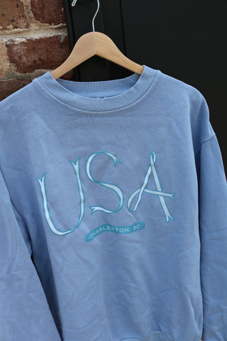 The USA Ribbon Crewneck Sweatshirt from our Americana Capsule Collection, in light blue and featuring "Charleston, SC" under bold USA letters, hangs on a wooden hanger by a black door and brick wall.