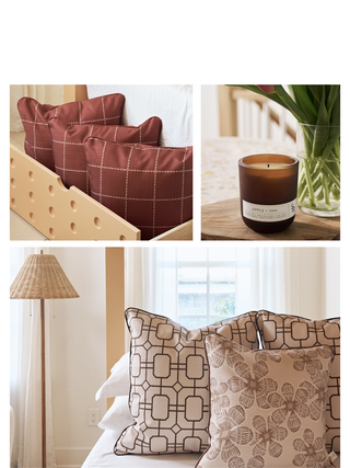 Bedroom scenes featuring Lowcountry Lattice, Broad Street Blooms, and Stitch Grid pillows in the Rust color palette, along with an image of Apple + Oak candle styled with a vase of flowers. 