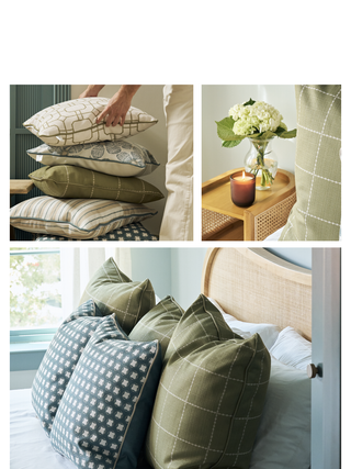 Pile of various Sage Core pillows with a bedroom scene.