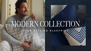 A man smiling while holding a patterned cushion, with a close-up of blue and white pillows beside him. Text overlay reads: Modern Collection – Your Styling Blueprint.