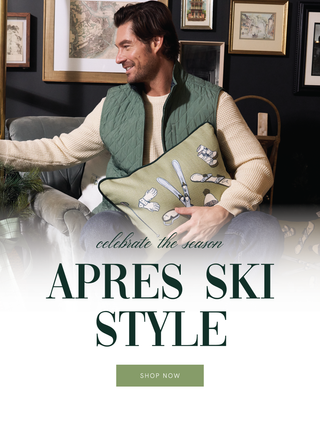 Man holding a Winter Sports Gear decor pillow with 'Apres Ski Style' text and shopping call to action.