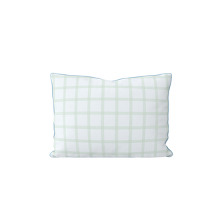 The Bouquet Lumbar Pillow features a light blue and white plaid pattern with piped edges. Ideal for tropical decor, it is shown against a plain white background.