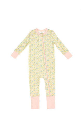 The Precious Petals Dream & Play Zipper Romper is a long-sleeve baby romper with a floral print, pink cuffs, and a diagonal pink zipper—crafted from soft cotton modal.