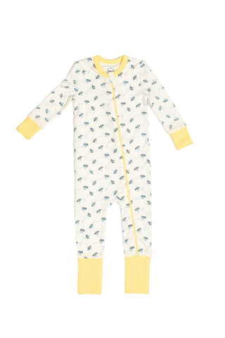 White baby zipper romper with blue and yellow bee print, yellow cuffs, and a yellow trim zipper from neck to leg—the Buzzin’ Around Dream & Play Zipper Romper.