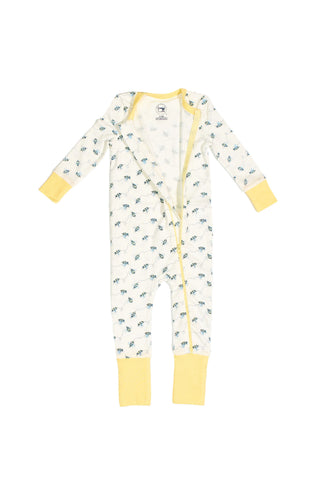 Buzzin’ Around Dream & Play Zipper Romper in white with a small blue and green print, long sleeves, and yellow cuffs at the sleeves and legs, shown flat on a white background.