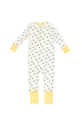 Buzzin’ Around Dream & Play Zipper Romper in white with a blue and green floral print, long sleeves, and yellow cuffs on the sleeves, legs, and neck, shown laid flat with the back facing up.