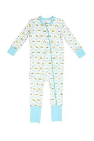 The Buggin’ Out Dream & Play Zipper Romper is a light blue, long-sleeve baby romper with cuffs, collar, yellow animal faces and cloud pattern, plus a diagonal zipper for easy changes.