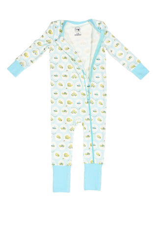 A baby romper with light blue cuffs and a zipper, featuring yellow sunshines and white clouds on white. The Buggin’ Out Dream & Play Zipper Romper is laid flat on a white surface.
