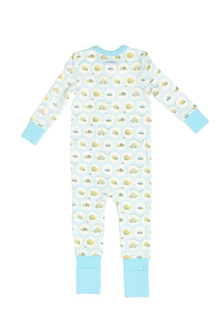 The Buggin’ Out Dream & Play Zipper Romper is a long-sleeve, footless baby romper with a hand-drawn yellow and white bug print and light blue cuffs on the sleeves, ankles, and collar. Displayed on a white background.
