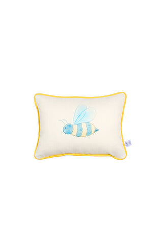 Bee You Children’s Lumbar Pillow – a rectangular white decorative pillow accented with yellow piping and a cheerful blue and yellow cartoon bee illustration at the center, featuring double-sided prints. Made in the USA for exceptional quality and style, shown against a plain white background.