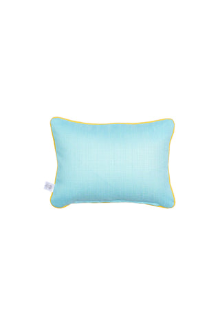 The Bee You Children’s Lumbar Pillow is a small, rectangular light blue decorative cushion with yellow piping along the edges and a white tag on the left side, displayed against a plain white background. This stylish accent pillow features double-sided prints and is proudly made in the USA.