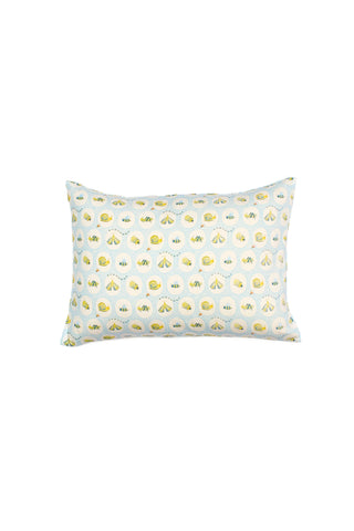 The Buggin’ Out Children’s Sleeping Pillow Cover is rectangular, light blue, and features a repeating pattern of yellow and white dumplings and bao. Displayed on a plain white backdrop.