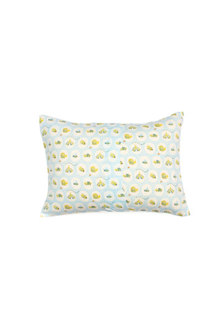 Buggin’ Out Children’s Sleeping Pillow Cover: Rectangular cover with playful, stylized lions and light blue circles on white. Cozy, soft design features a gentle crease in the middle for extra comfort.