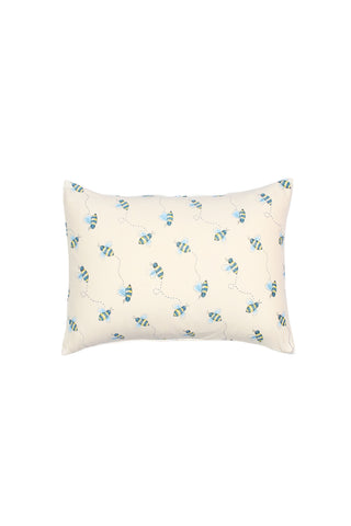 The Buzzin’ Around Children’s Sleeping Pillow Cover features a rectangular cream design with blue and yellow cartoon bees and dotted flight paths, perfect for a playful touch in any child’s room.