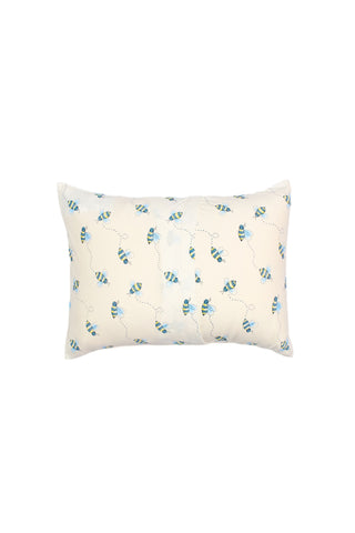 The Buzzin’ Around Children’s Sleeping Pillow Cover is a rectangular white pillowcase with playful blue and yellow bees and dotted lines showing their whimsical flight paths.