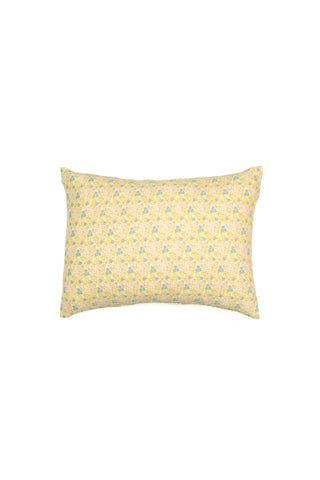 Precious Petals Children’s Sleeping Pillow Cover features a yellow and blue geometric pattern on a white background. This double-sided print pillow cover is displayed on a plain white surface and is proudly made in the USA.