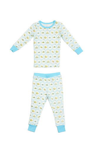 Light blue Buggin’ Out Dream & Play Two Piece Set with yellow and white cartoon pattern, made from soft cotton modal pajama fabric, shown laid flat on a white background.