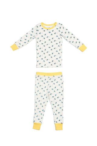 Buzzin’ Around Dream & Play Two Piece Set: Kids’ long-sleeve pajamas and pants, white with blue and green leaf print, yellow trim, made from soft cotton modal, shown on a plain white background.