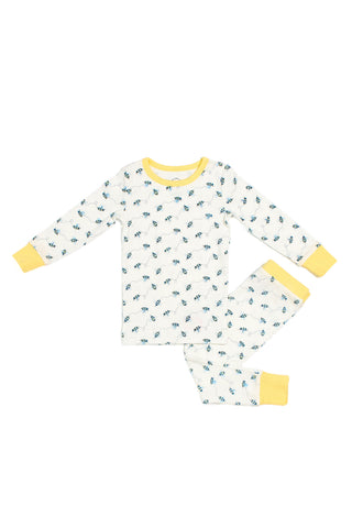 The Buzzin’ Around Dream & Play Two Piece Set features soft cotton modal pajamas with a blue bee print, yellow cuffs, and an elastic waistband—perfect comfy and stylish children’s sleepwear.