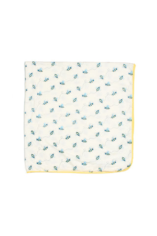 The Buzzin’ Around Children’s Blanket, featuring a blue bee print and yellow trim, is displayed flat on a white background.