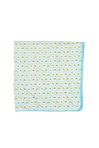 The Buggin’ Out Children’s Blanket is light blue with small yellow lions and a blue border, shown laid flat on a white background.