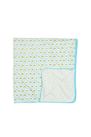 Buggin’ Out Children’s Blanket: Light blue blanket with yellow and white sheep pattern, blue border, and a folded corner showing a lighter sheep print—perfect for swaddling your little one.