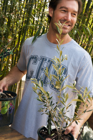 A smiling man wears the CHS Prep Courtyard Stripes Short Sleeve Tee as he stands outdoors holding two potted plants, surrounded by lush bamboo.