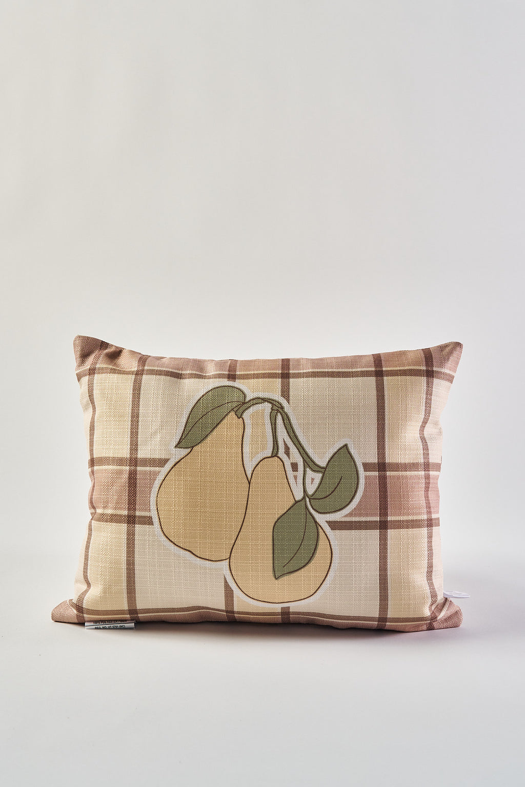 The Fall Pears on Tartan Plaid Lumbar Pillow features a beige and brown plaid design with two yellow pears and green leaves at the center—a great autumn accent for your home, shown on a plain white background.