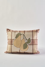 The Fall Pears on Tartan Plaid Lumbar Pillow features a beige and brown plaid design with two yellow pears and green leaves at the center—a great autumn accent for your home, shown on a plain white background.