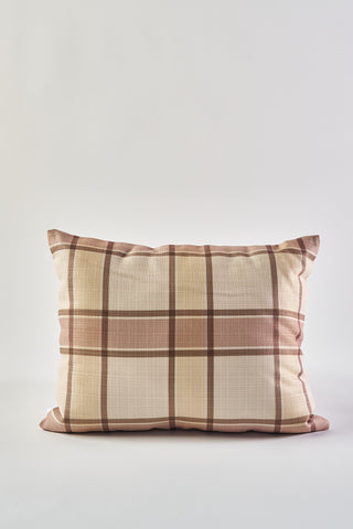 The Fall Pears on Tartan Plaid Lumbar Pillow features a beige base with a brown tartan plaid pattern, shown against a plain white background.