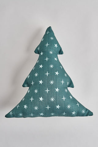 The Festive Tree Shape Pre-Filled Pillow features a soft twill weave in dark green, decorated with white stars and snowflake patterns, and is displayed on a plain white surface.