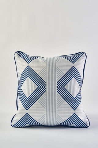 The Mod Geo Diamond in Navy Pillow features a white background with bold navy geometric diamond patterns, vertical light blue center stripes, and dark blue piping—perfect for adding Southern style to your decor.